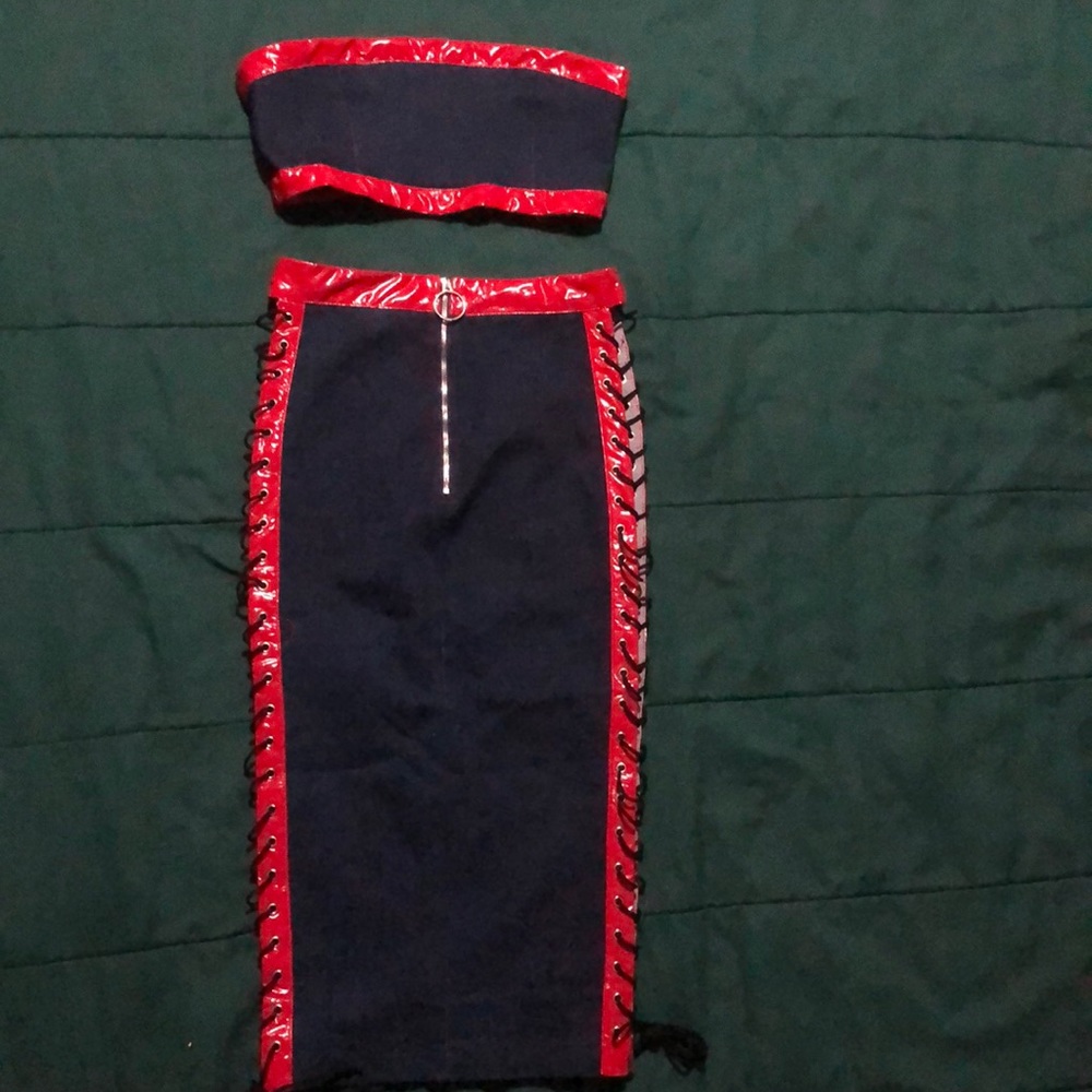 Jean and latex two piece skirt set